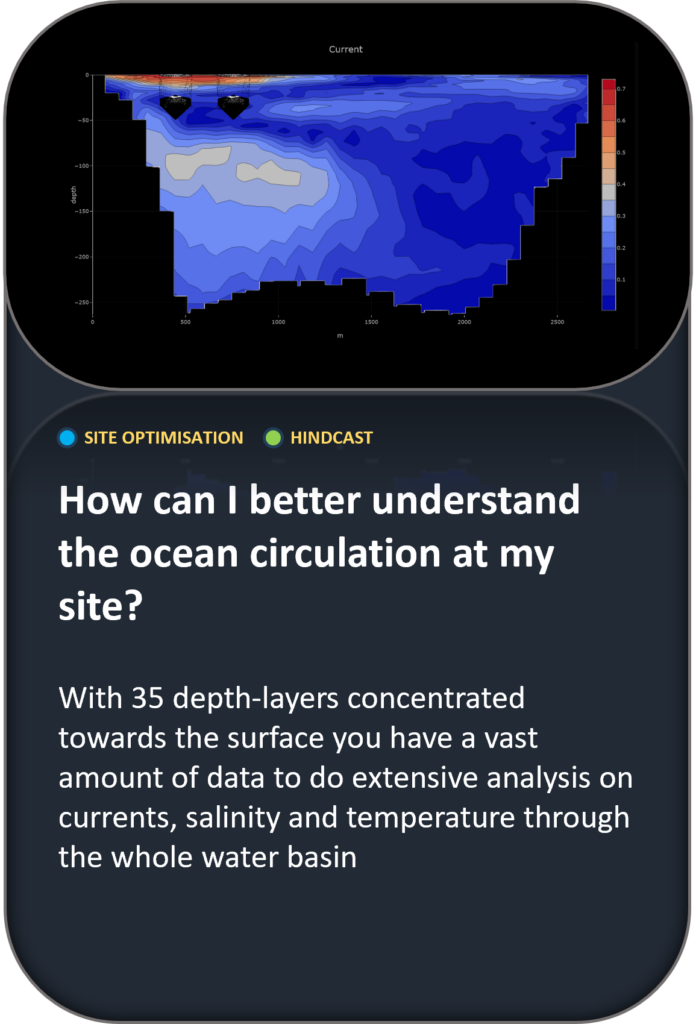 How can I better understand the ocean circulation at my site? With 35 depth-layers concentrated towards the surface you have a vast amount of data to do extensive analysis on currents, salinity and temperature through the whole water basin