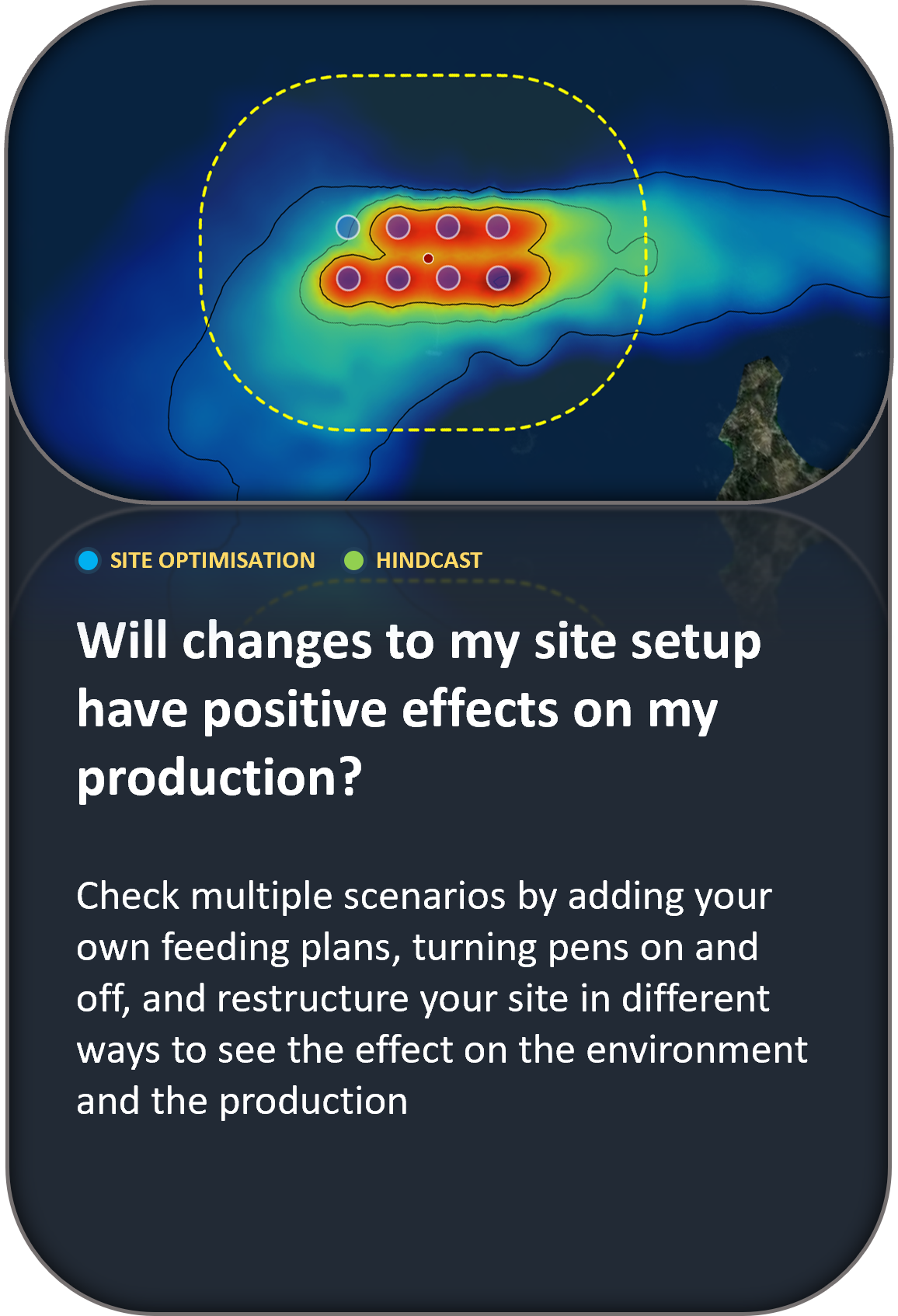 Will changes to my site setup have positive effects on my production? Check multiple scenarios by adding your own feeding plans, turning pens on and off, and restructure your site in different ways to see the effect on the environment and the production
